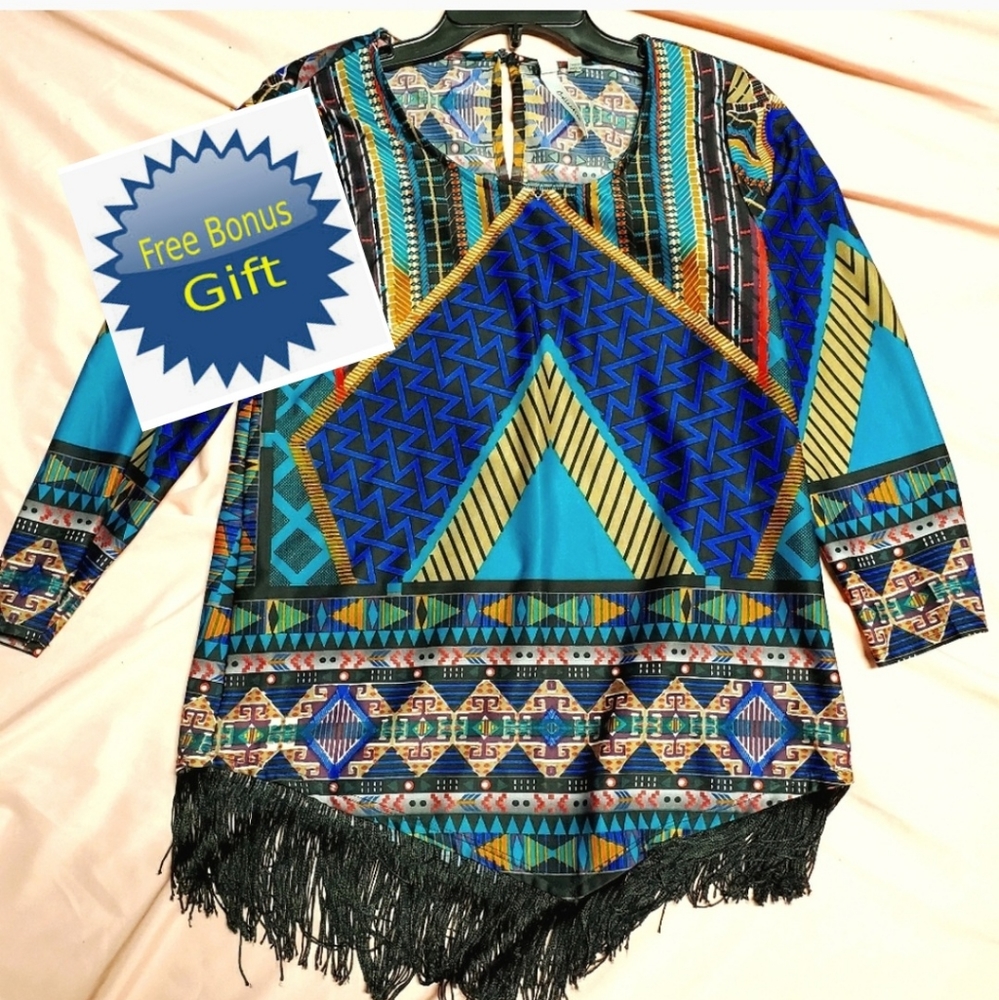 🔹3/$15🔹  Aztec Brilliant Multicolor Fringe Hem Top